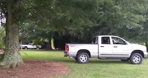 Husband Decides To Use Truck To Pull Out Tree