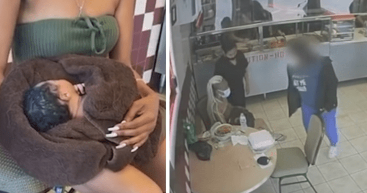 Young Woman Gives Birth And Hands Her Newborn To A Restaurant Customer
